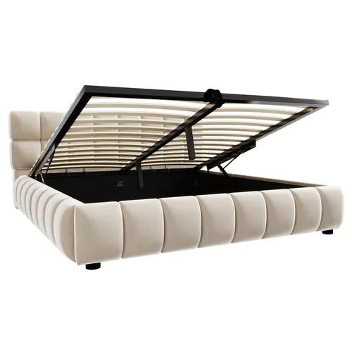 Lit Coffre 140x190 Cm Avec Coffre De Rangement Velours Beige