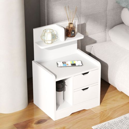 Table De Chevet 40x30x60 Cm Avec 2 Tiroirs En Bois Blanc