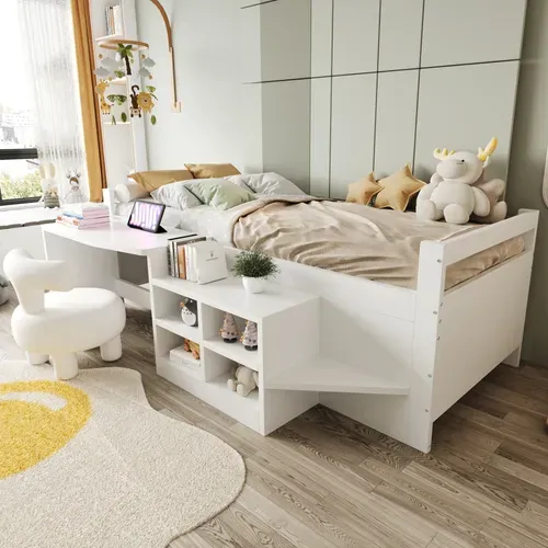 Lit Mi-haut 90x200 Cm Avec Bureau Et Rangements Intégrés Blanc