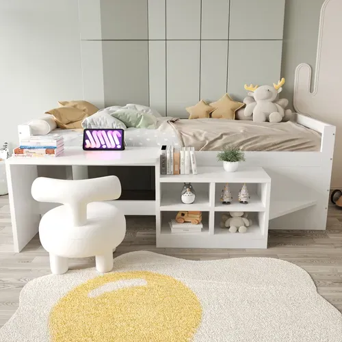 Lit Mi-haut 90x200 Cm Avec Bureau Et Rangements Intégrés Blanc