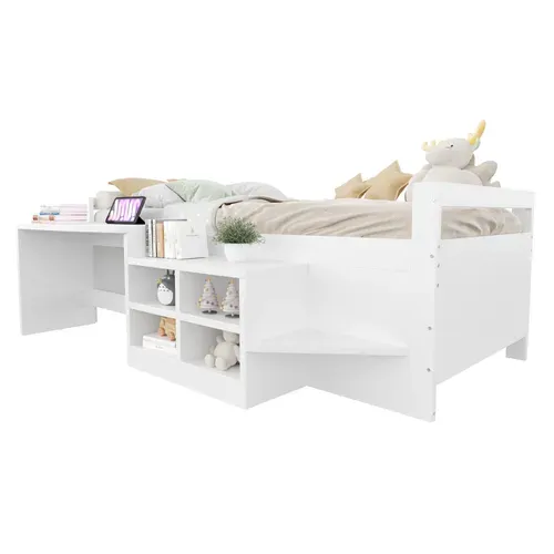 Lit Mi-haut 90x200 Cm Avec Bureau Et Rangements Intégrés Blanc