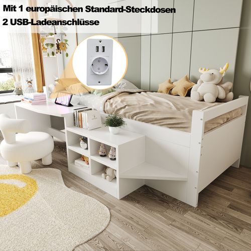 Lit Mi-haut 90x200 Cm Avec Bureau Et Rangements Intégrés Blanc
