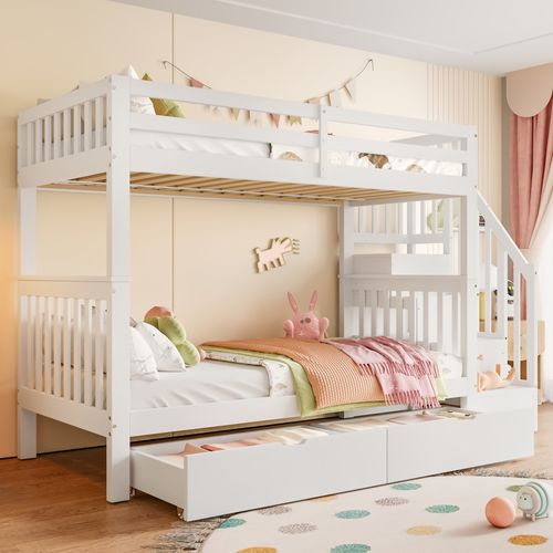 Lit Superposé 90x200 Cm Avec Escalier De Rangement Blanc