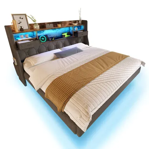 Lit Rembourré 160x200 Cm Avec Tête De Lit De Rangement Gris