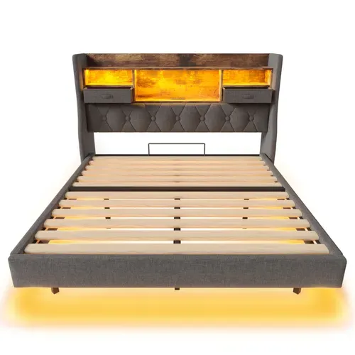 Lit Rembourré 160x200 Cm Avec Tête De Lit De Rangement Gris