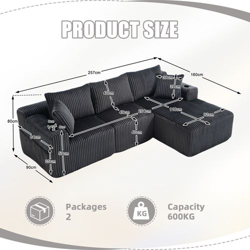 Canapé Compressé Modulaire Gris En Velours Côtelé Avec Méridienne Pour Salon