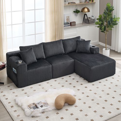 Canapé Compressé Modulaire Gris En Velours Côtelé Avec Méridienne Pour Salon