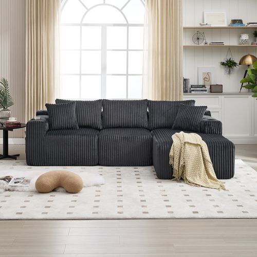 Canapé Compressé Modulaire Gris En Velours Côtelé Avec Méridienne Pour Salon