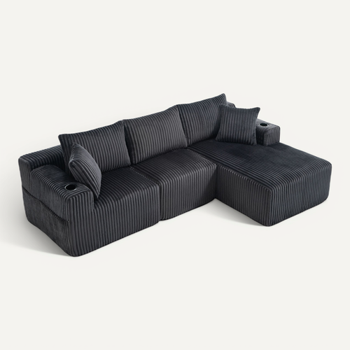 Canapé Compressé Modulaire Gris En Velours Côtelé Avec Méridienne Pour Salon