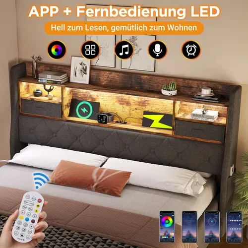 Lit Coffre 160x200 Cm Avec Sommier Relevable Tête De Lit LED Tissu Gris