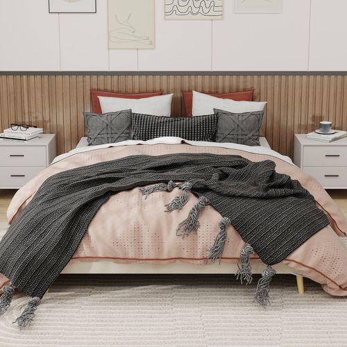 Cadre De Lit Beige 160x200 Cm En Tissu Et Métal Pour Chambre