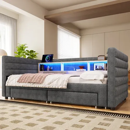 lit gigogne 90x190 Cm Avec Structure Gigogne Tissu Velours Gris