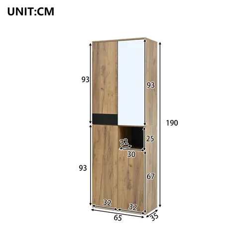 Armoire Haute Miroir 65x35x190 Cm, 4 Portes, Niche Ouverte, Rangement Noir Et Naturel