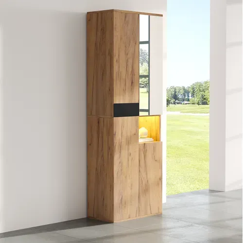 Armoire Haute Miroir 65x35x190 Cm, 4 Portes, Niche Ouverte, Rangement Noir Et Naturel