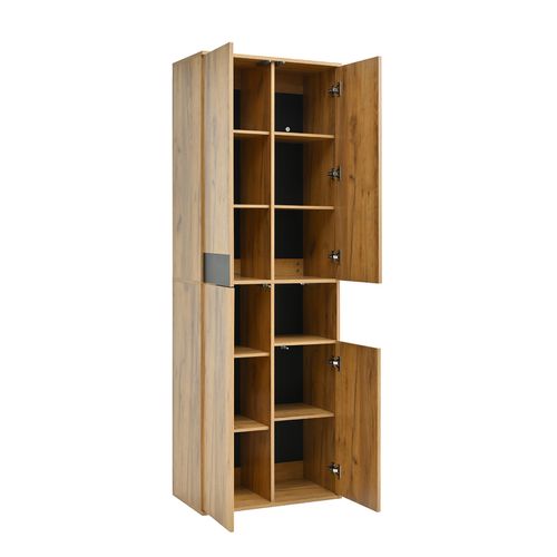 Armoire Haute Miroir 65x35x190 Cm, 4 Portes, Niche Ouverte, Rangement Noir Et Naturel