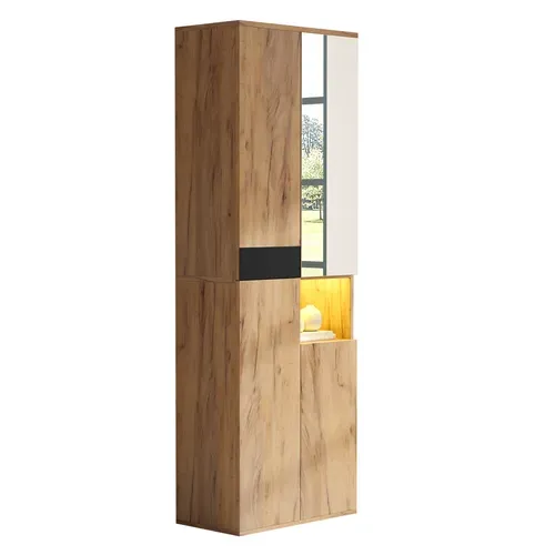 Armoire Haute Miroir 65x35x190 Cm, 4 Portes, Niche Ouverte, Rangement Noir Et Naturel