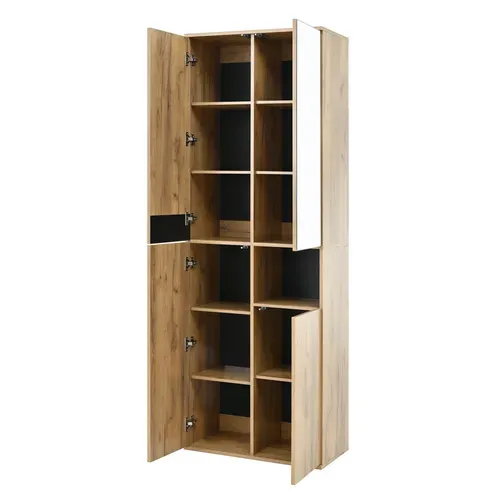 Armoire Haute Miroir 65x35x190 Cm, 4 Portes, Niche Ouverte, Rangement Noir Et Naturel