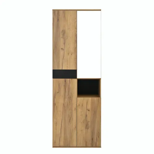 Armoire Haute Miroir 65x35x190 Cm, 4 Portes, Niche Ouverte, Rangement Noir Et Naturel