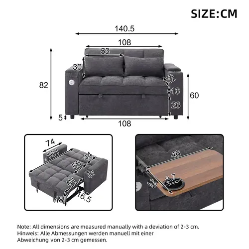 Canapé Convertible Gris 140,5 X 74 X 82 Cm Avec Dossier Réglable