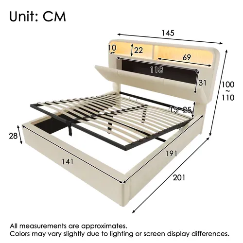 Lit Coffre 140x190 Cm Avec Tête De Lit De Rangement Beige Hydraulique, LED & USB, Sommier Inclus