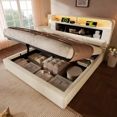 Lit Coffre 140x190 Cm Avec Tête De Lit De Rangement Beige Hydraulique, LED & USB, Sommier Inclus