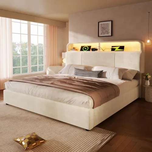 Lit Coffre 140x190 Cm Avec Tête De Lit De Rangement Beige Hydraulique, LED & USB, Sommier Inclus
