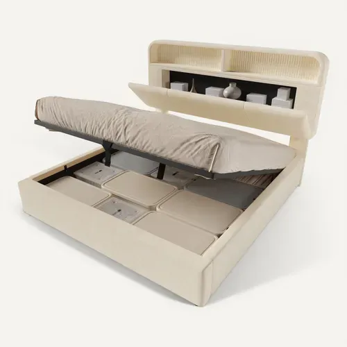 Lit Coffre 140x190 Cm Avec Tête De Lit De Rangement Beige Hydraulique, LED & USB, Sommier Inclus