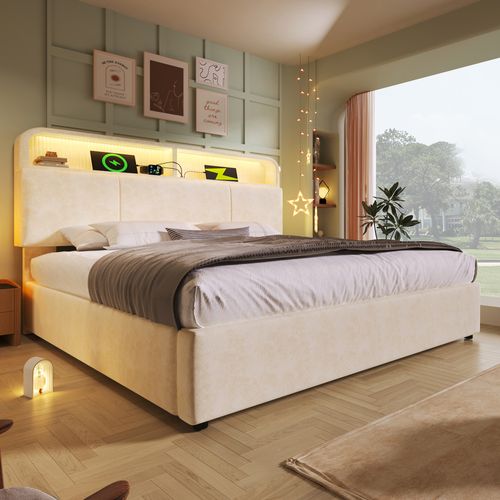 Lit Coffre 140x190 Cm Avec Tête De Lit De Rangement Beige Hydraulique, LED & USB, Sommier Inclus