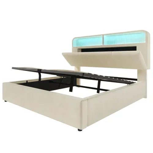 Lit Coffre 140x190 Cm Avec Tête De Lit De Rangement Beige Hydraulique, LED & USB, Sommier Inclus