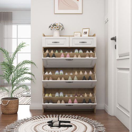 Meuble à Chaussures 80 Cm Avec 3 Clapets Pivotants Et 2 Tiroirs Design Minimaliste