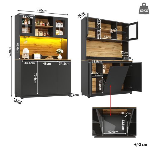 Buffet de cuisine 120x40x180 cm noir LED, meuble haut rangement, portes acryliques