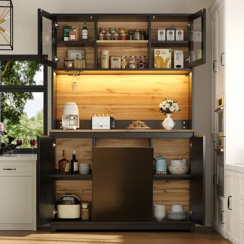 Buffet de cuisine 120x40x180 cm noir LED, meuble haut rangement, portes acryliques