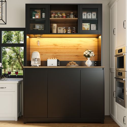 Buffet de cuisine 120x40x180 cm noir LED, meuble haut rangement, portes acryliques