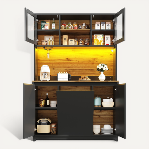 Buffet de cuisine 120x40x180 cm noir LED, meuble haut rangement, portes acryliques