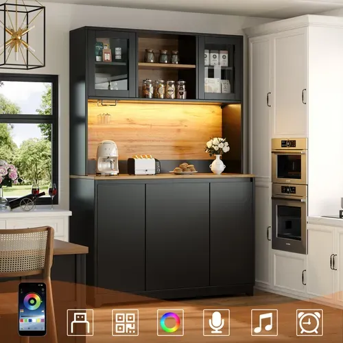 Buffet de cuisine 120x40x180 cm noir LED, meuble haut rangement, portes acryliques