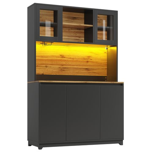 Buffet de cuisine 120x40x180 cm noir LED, meuble haut rangement, portes acryliques