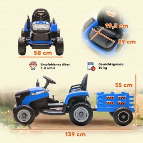 Tracteur électrique Bleu 2-en-1 Avec Remorque Amovible, 139 X 58 X 55 Cm