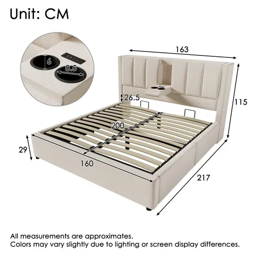 Lit Coffre 160x200 Cm Beige Avec Structure Relevable, Tête De Lit Avec Ports USB, Lit Rangement