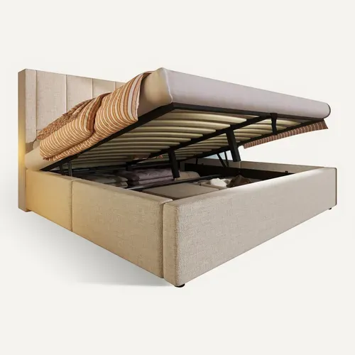 Lit Coffre 160x200 Cm Beige Avec Structure Relevable, Tête De Lit Avec Ports USB, Lit Rangement