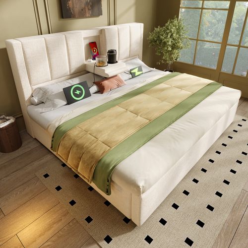 Lit Coffre 160x200 Cm Beige Avec Structure Relevable, Tête De Lit Avec Ports USB, Lit Rangement