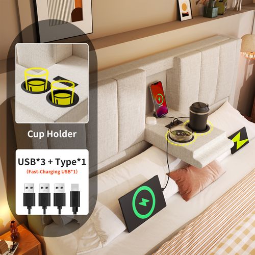 Lit Coffre 160x200 Cm Beige Avec Structure Relevable, Tête De Lit Avec Ports USB, Lit Rangement
