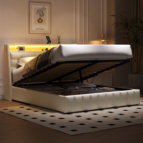 Lit Coffre 160x200 Cm Avec Rangement Sous Le Sommier Blanc