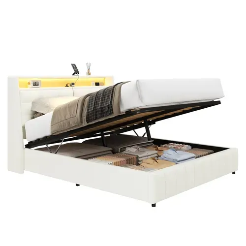 Lit Coffre 160x200 Cm Avec Rangement Sous Le Sommier Blanc