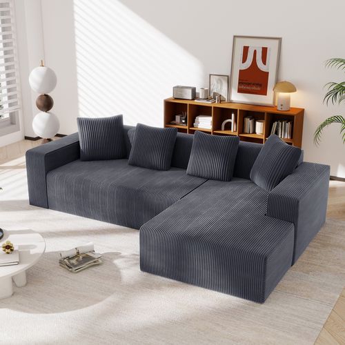 Canapé Compressé D'angle Gris 261 X 146 Cm Assise Profonde Pour Salon