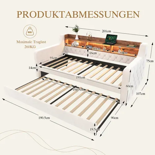 lit gigogne 90x190 Cm Avec Structure Extensible Velours Beige