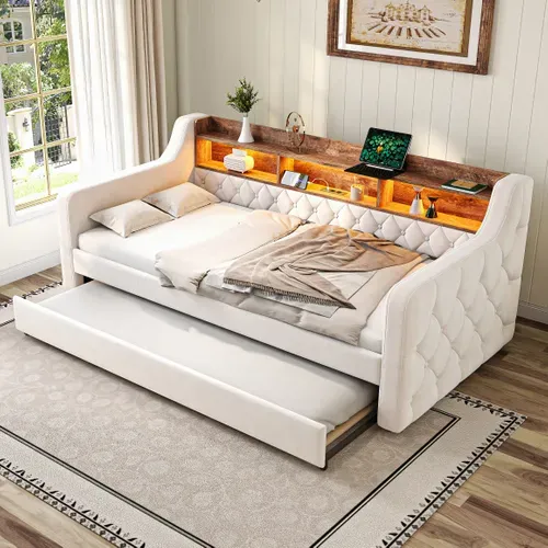 lit gigogne 90x190 Cm Avec Structure Extensible Velours Beige