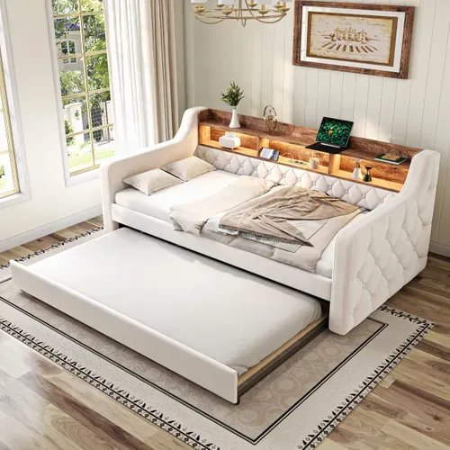 lit gigogne 90x190 Cm Avec Structure Extensible Velours Beige