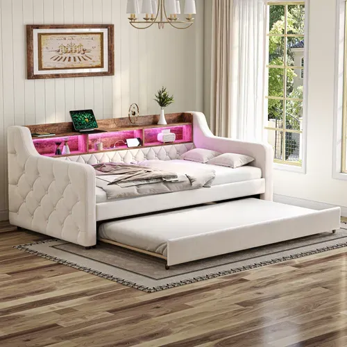 lit gigogne 90x190 Cm Avec Structure Extensible Velours Beige