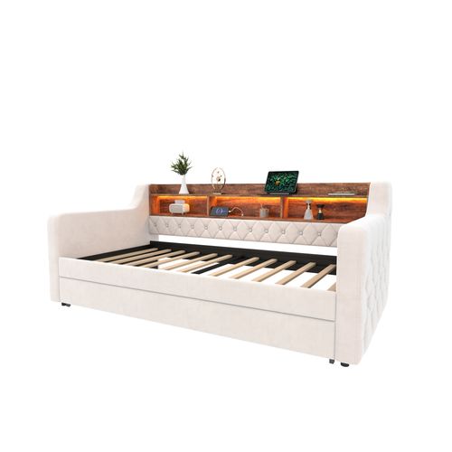 lit gigogne 90x190 Cm Avec Structure Extensible Velours Beige