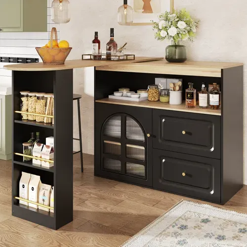 Comptoir De Bar Pivotant à 360°, Moderne, Avec 2 Tiroirs, Étagères Et Verre Courbé, Noir